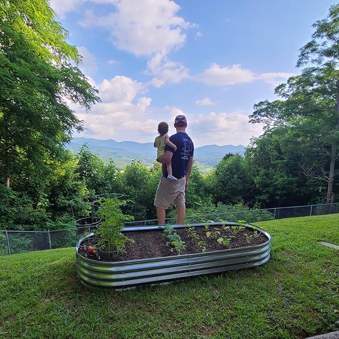 Raised Garden Bed GRS Certified Galvanized Planter Box Outdoor , 6.5ft Oval Rot-Resistant Metal Garden Bed Planter, Recycled Eco-Friendly Material Planter for Vegetables Flowers Herbs (Silver)