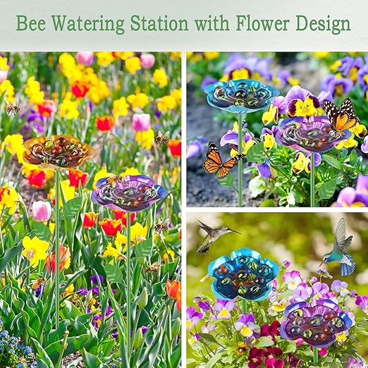 2 Pack Bee Watering Station, Metal Bee Feeder with Glass Marbles, Flower Shape Bee Butterfly Watering Station Bee Waterer Bee Water Catcher Cups for Outdoor Garden Courtyard Decor