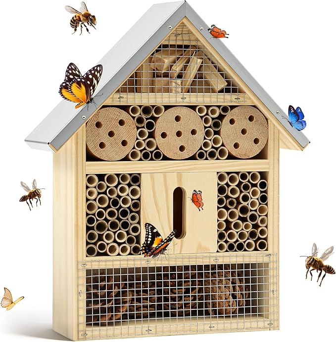 UUMENHA Insect Hotel & Mason Bee House - Butterfly House,Multi-Functional Bee Hotel for Garden, Attract Pollinators,Durable Natural Wood Design,4.13×2.56×10.63 inches
