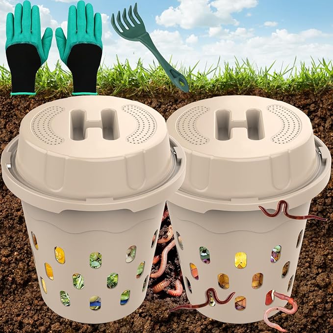 2-Pack Inground Worm Composter, Outdoor Worm Compost Bin for Garden Beds & Home Use, Vermicomposting Bin for Beginners (9.5x9.5x10.8Inch), Beige