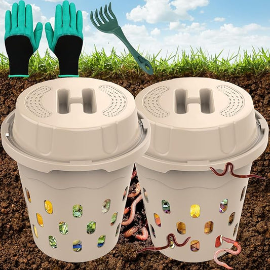 2-Pack Inground Worm Composter, Outdoor Worm Compost Bin for Garden Beds & Home Use, Vermicomposting Bin for Beginners (9.5x9.5x10.8Inch), Beige