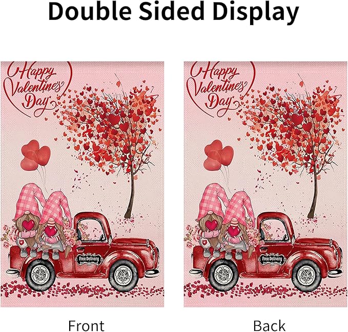 Valentine's Day Garden Flag 12x18 Inch - Cute Gnome Couple with Red Truck & Heart Tree, Double-Sided Outdoor Yard Flag Decor for Patio Yard Valentine Decorations