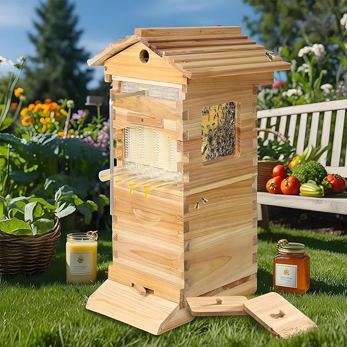 Self-Flowing Honey Beehive,Beehive Starter Kit,with Observation Window and Honey Spout,Self-Flowing Wooden Bee Box,for Beekeeping,Garden Pollinators