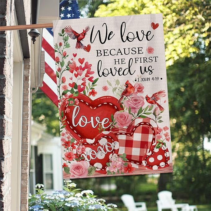 Valentines Day Flag, Valentine's Day Outdoor Decor We Love Because He First Loved us Yard Flag 28x40 Double Sided Red, Valentine Decorations Burlap House Flags Rustic Welcome Outdoor Farmhouse