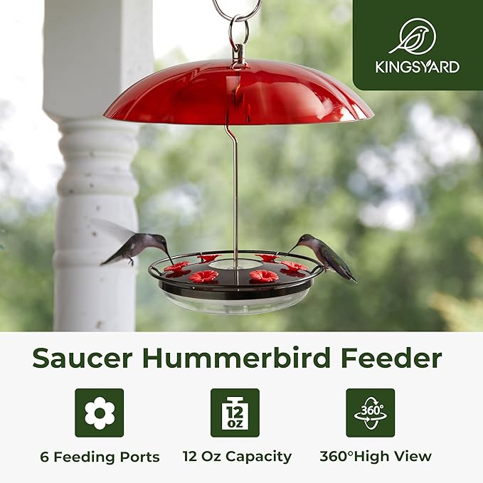 Kingsyard 12 oz Hummingbird Feeder with Rain Guard Dome, Leak-Proof Saucer Nectar Feeder for Outdoors Hanging, Built-in Ant Moat & 6 Bee-Proof Ports, Easy to Refill & Clean, Black