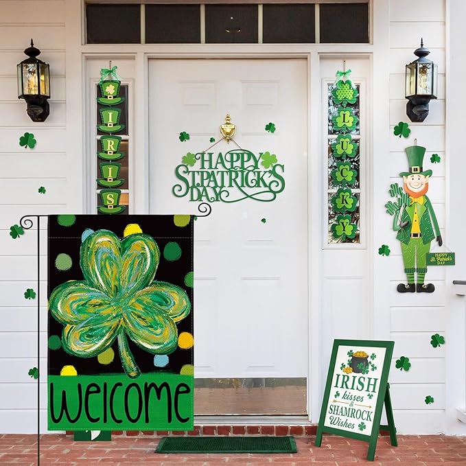 AVOIN colorlife St Patricks Day Garden Flag 12x18 Inch Double Sided Outside, Shamrock Clover Polka Dots Welcome Holiday Yard Outdoor Flag