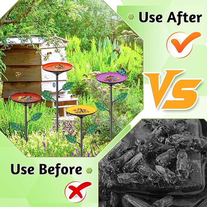 4 Pack Bee Watering Stations, Bee Feeders for Garden with 40PCS Glass Marbles,Colorful Bee Butterfly Bath Bowl Waterer, Metal Bee Water Feeder for Outdoor Yard Courtyard Decor (4Pcs-A)
