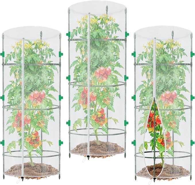3 Pack Garden Netting for Round Plant Cage, 55" x 15" Tomato Cage Bird Netting Mesh Plant Cover with Zipper, Tomato Trellis Pest Barrier Garden Protection Net Cover for Climbing Plants Vegetables