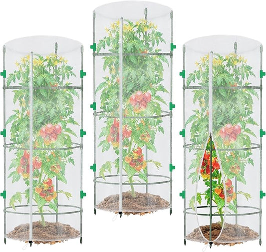 3 Pack Garden Netting for Round Plant Cage, 55" x 15" Tomato Cage Bird Netting Mesh Plant Cover with Zipper, Tomato Trellis Pest Barrier Garden Protection Net Cover for Climbing Plants Vegetables