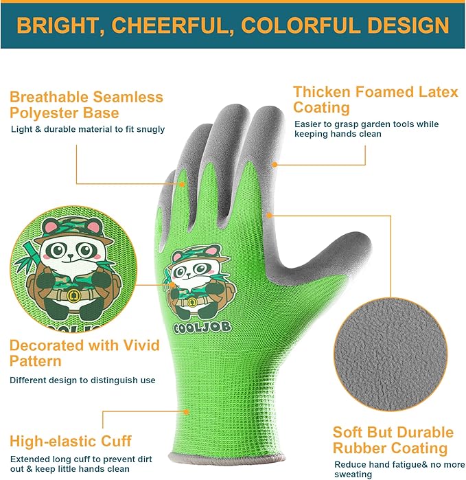 COOLJOB 3 Pairs Kids Gardening Gloves for Age 9-12, Children Toddlers Boys Grippy Rubber Coated Work Gloves, Red & Green & Blue (Explorer, Large L)