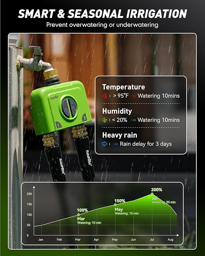 RAINPOINT WiFi Water Timer for Garden Hose, 2 Zone WiFi Sprinkler Controller, Smart Hose Timer Valve, Automatic Drip Irrigation System/Rain Delay for Garden/Lawn (Brass Inlet & Outlet, WiFi Gateway)