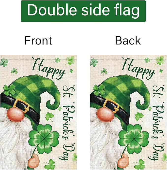 Louise Maelys St Patrick's Day Garden Flag Gnome Shamrock Clover Plaid 12x18 Inch Double Sided Small Burlap Welcome Saint Patricks Spring Holiday Yard Outdoor Sign Outside House Decor