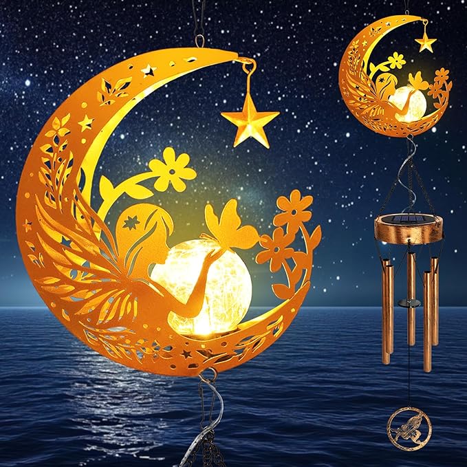 Solar Moon Fairy Wind Chimes, Moon Gifts for Mom Women Men Sympathy Festival Birthday Mothers Day, Hanging Outdoor Decor Cracked Glass Ball Memorial Large Wind Chimes for Garden Patio Porch