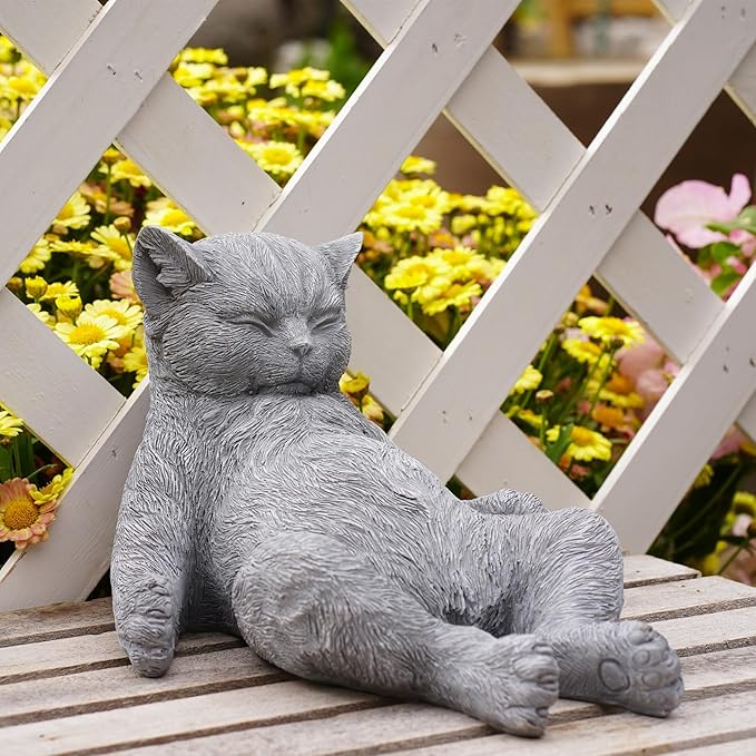 Cat Memorial Stone Garden Statue, Pet Statue Gifts for Loss of Cat Sympathy, Grave Markers for Garden Outdoor Decor, 9.8” L Weatherproof Lazy Tabby Figurine, Outdoor Patio Accent Yard Decoration