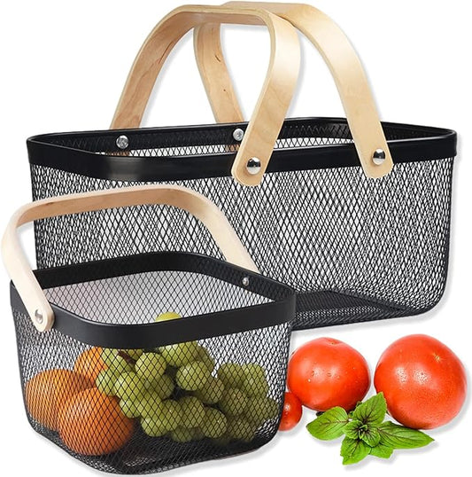 Cheardia 2 Pack Picnic Baskets, Metal Mesh Harvest Basket with Foldable Wooden Handle, Rectangle Garden Storage Basket Bin for Vegetable Fruit Garden Kitchen Cabinet Picking Gathering