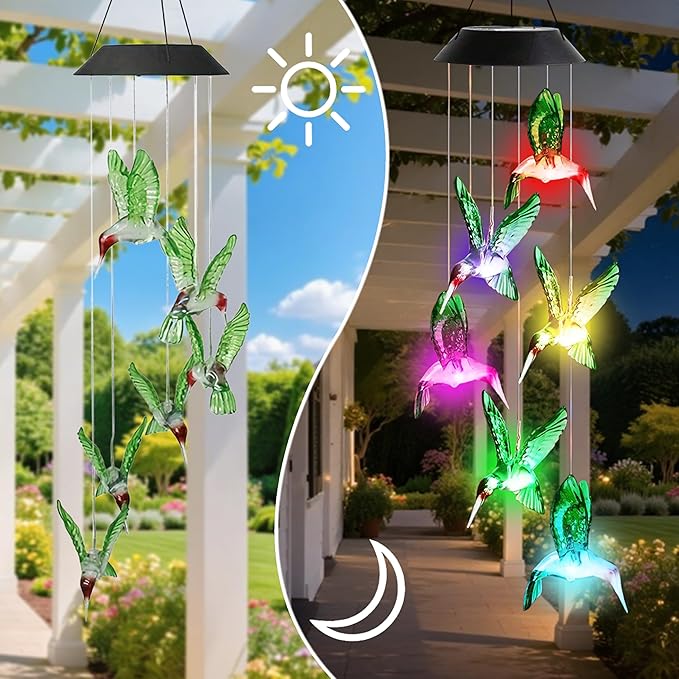 Solar Wind Chime,Hummingbird Solar Wind Chimes for Outside,Color Changing Solar Powered Wind Chimes for Outside,Outdoor Decorative Mobile Lights for Garden,Patio,Window