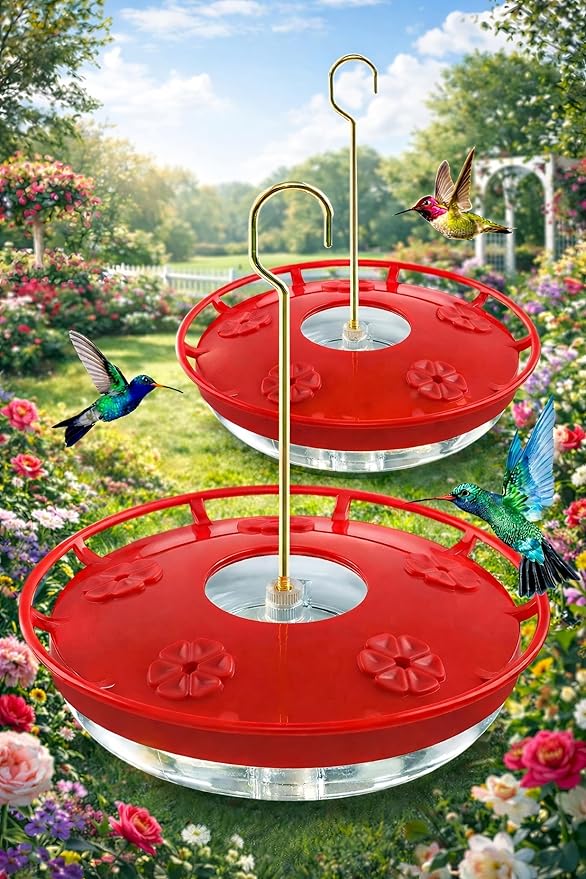 FEED GARDEN 2 Pack 16 oz Plastic Disc Hummingbird Feeders for Outdoors Hanging, Leak-Resistant Nectar Feeder with 5 Ports, Wide Mouth Easy Clean & Refill, Built-in Ant Moat for Garden Backyard