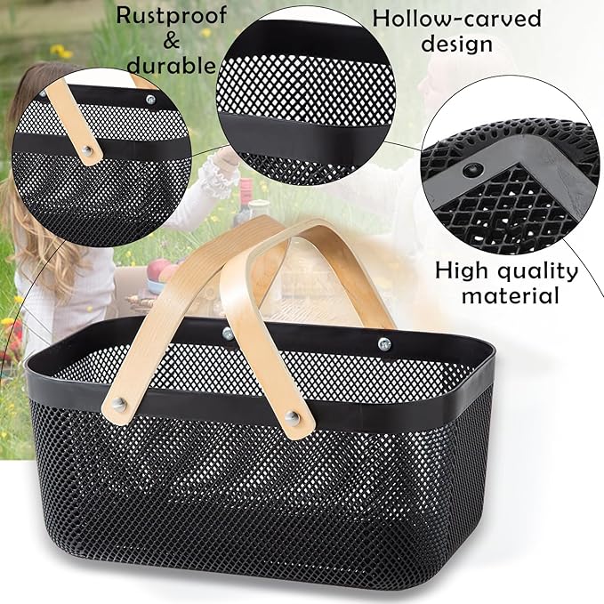 2 Pack Plastic Picnic Baskets, Mesh Harvest Basket with Foldable Wooden Handle, Rectangle Fruit Vegetable Storage Organizer Bins for Gathering, Kitchen, Pantry, Black
