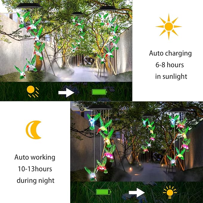 Wind Chime, Hummingbird Solar Wind Chimes Outdoor Color Changing, 25 Inch Memorial Wind Chimes Hummingbird Gifts for mom, Birthday Gift for Women, mom's Best Gifts, Garden Patio Decor