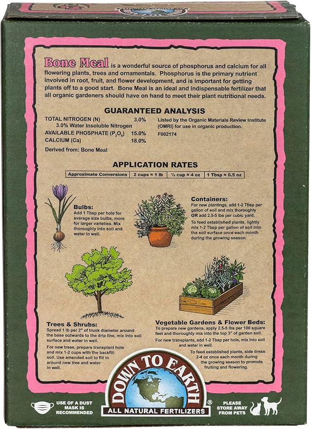 Down To Earth All Natural Fertilizers Organic Bone Meal - High Phosphorus Plant Food for Buds, Bulbs, Blooms, Flowers 3-15-0, 5 lb