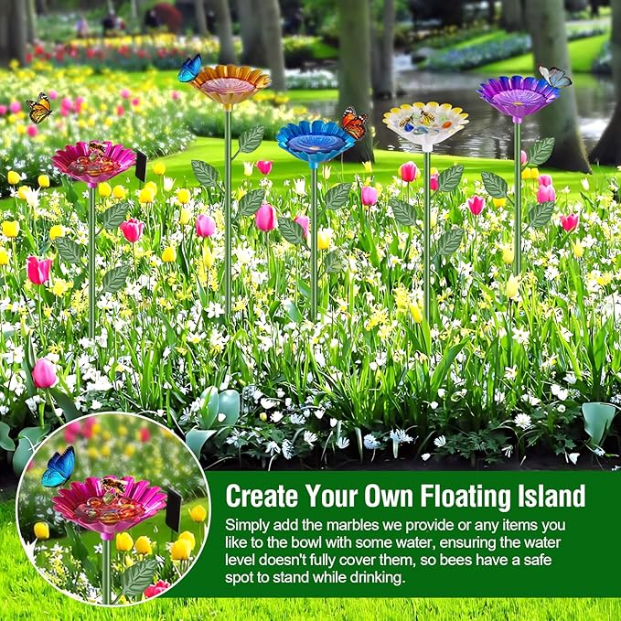 5 Pack Bee Watering Station, Metal Bee Feeder for Garden Flower Design Water Feeder for Outside Colorful Butterfly Bath Bowl for Thirsty Pollinators, Garden Yard Décor