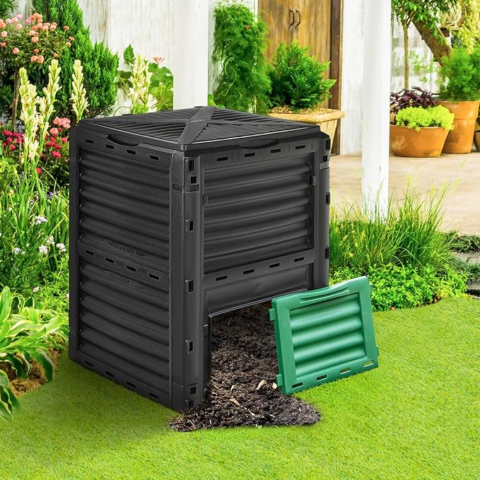 Compost Bin Outdoor, 80 Gallon Garden Compost Bin with Top Lid & Bottom Door, Aerating Outdoor Compost Box Waste Container Barrel Fertilizer for Garden & Yard (Black & Green)