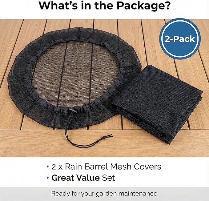 2 PCS 39in Mesh Cover for Rain Barrels, Fine Mesh Filter Screens with Adjustable Drawstring, Reusable Outdoor Garden Rain Barrel Accessories, Effective at Blocking Leaves, Debris (Black)