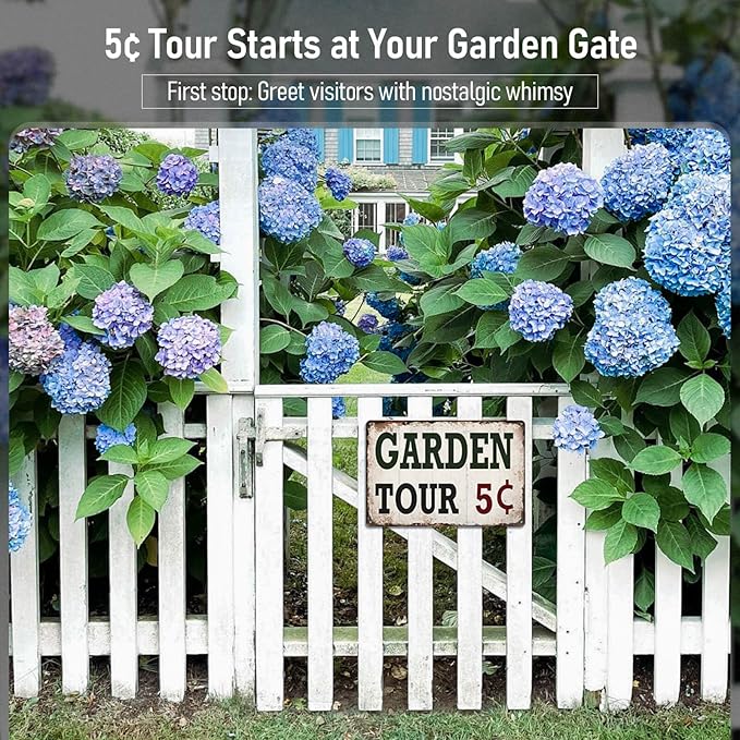 Vintage Metal Garden Signs for Outside Yard Decor - "Garden Tour 5 Cents" Gardening Gifts for Women Patio Farmhouse Wall Decor Art 12x8 Inch