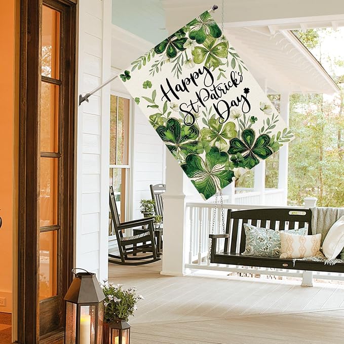 AVOIN colorlife Happy St Patricks Day Floral House Flag 28x40 Inch Double Sided Outside, Shamrock Lucky Clover Holiday Yard Outdoor Flag