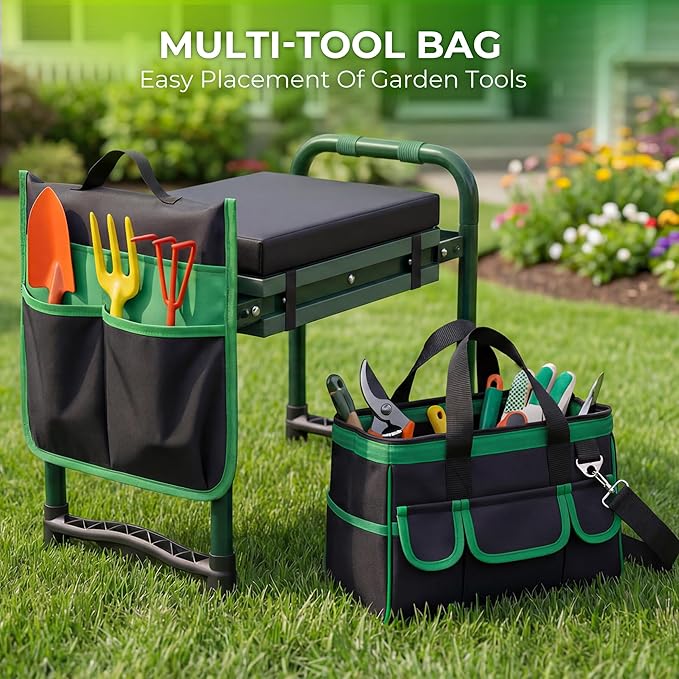 Walensee Foldable Garden Kneeler and Seat with Cross-Body Tool Bag & Removable Tool Pouch, Heavy Duty Garden Stool with Soft Leather Kneeling Pad, No Assembly, Ideal Gardening Gift for Women & Men