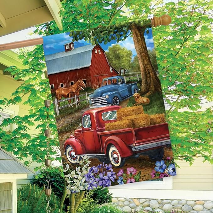Country Lane Spring House Flag Pickup Trucks 28" x 40" Briarwood Lane