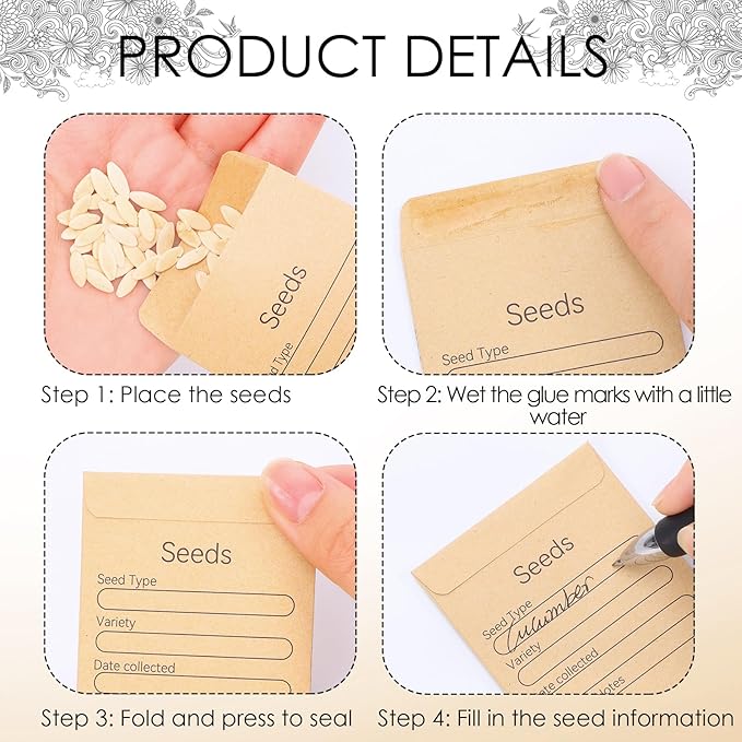 300 Pieces Seed Envelopes 3.15 x 2.36in Seed Packets Envelope with Preprinted Small Envelope Collecting Template for Flower Vegetable Seeds Storage