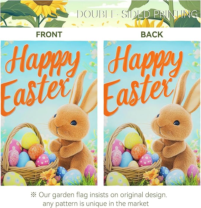 Happy Easter Bunny Garden Flag 12x18 Inch Double Sided Rabbits Colorful Eggs Yard Flags Spring Floral Small Flags for Outside Graden Home Decorations
