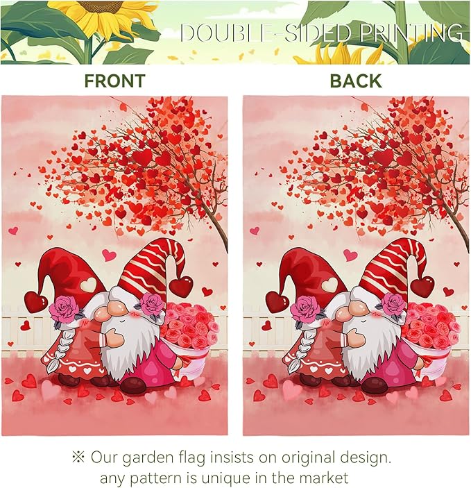 Gnomes Kiss Garden Flag 12 x 18 Inch Double Sided Valentine's Day Red Hearts Burlap Yard Flags Holiday Love Kiss Small Outdoor Flag Garden Decoration