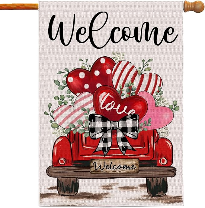 Valentines Day Flag, Valentine's Day Outdoor Decor Love Hearts Truck Yard Flag 28x40 Double Sided Red, Valentine Decorations Burlap House Flags Rustic Welcome Outdoor Farmhouse