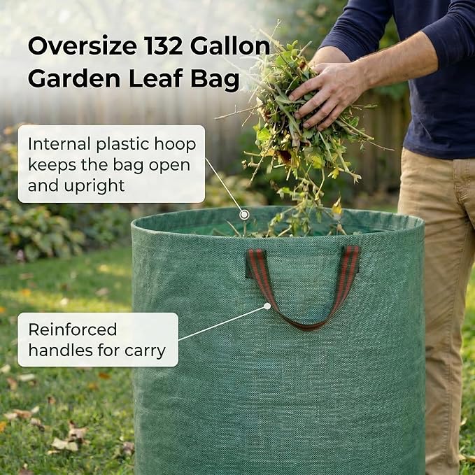 Gardzen 2-Pack 132 Gallon Yard Waste Bags, Reusable Heavy Duty Collapsible Garden Leaf Bags with Plastic Ring, Stand-Up Yard Waste Bin for Leaves, Lawn Debris & Grass Clippings