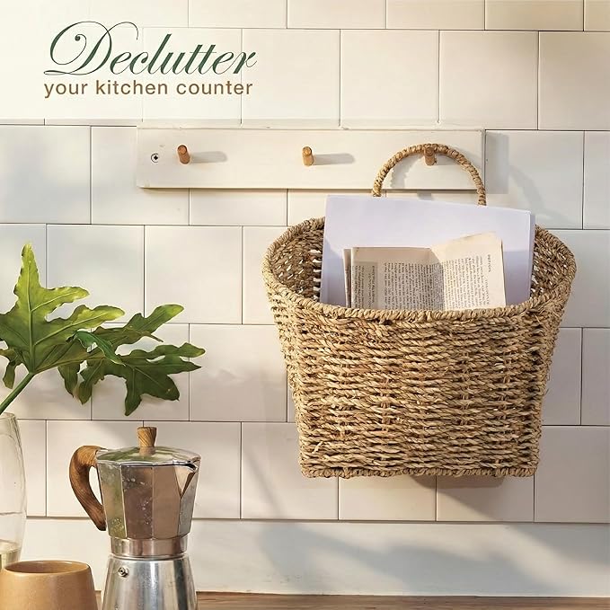 Set of 2 Wicker Hanging Basket for Organizing, Front Door, Mail, Flowers - Woven Wall Baskets for Storage (Seagrass)