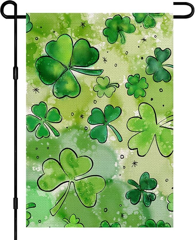St Patricks Day Garden Flag for Outside 12x18 Inch Burlap Double Sided, Watercolor Green Lucky Shamrock Clover Sign Small Farmhouse Yard Outdoor Decoration DF434
