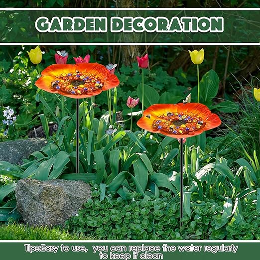 Tandefio 2 Pack Bee Watering Station Metal Butterfly Water Feeder Cup with 60 Colorful Glass Marble Vivid Flower Butterfly Bee Bath Bowl for Outdoor Garden Yard Decor(Golden Brown)