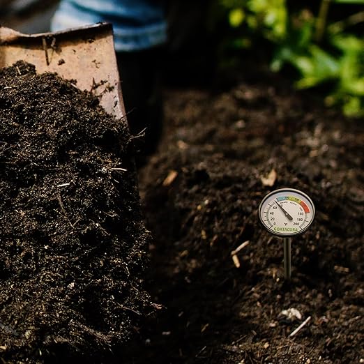 Compost Soil Thermometer, 304 Stainless Steel Case and Probe,1.75" Dial Size, 16" Stem Length, 0-200 Deg F, 3 Temperature Zones