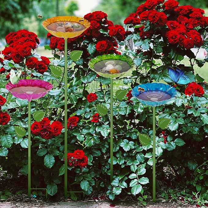 Bee Watering Station | 2 Pack Bee Baths for Garden | Metal Flowers Decorative Garden Stakes | Butterfly Feeder for Outside Garden Yard Decor (Blue,Yellow)