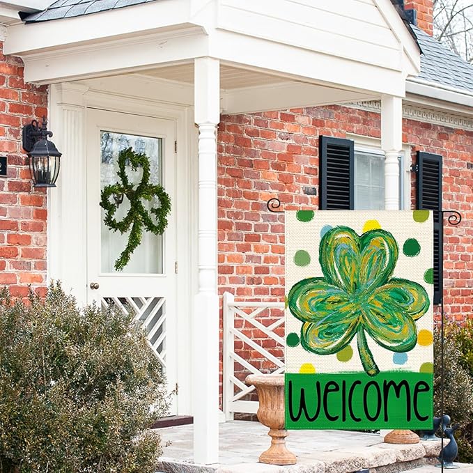 AVOIN colorlife St Patricks Day Garden Flag 12x18 Inch Double Sided Outside, Shamrock Clover Polka Dots Welcome Yard Outdoor Flag