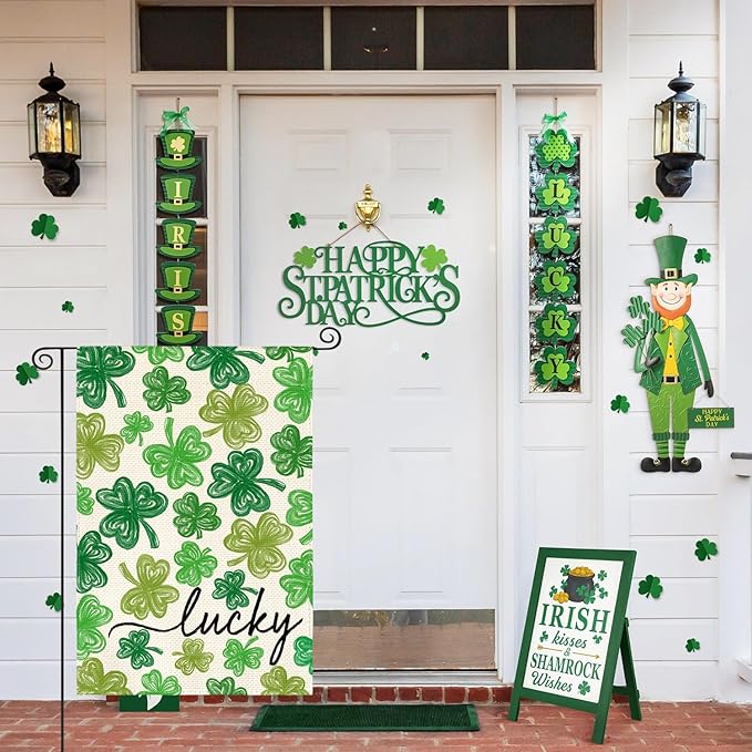 AVOIN colorlife St Patricks Day Garden Flag 12x18 Inch Double Sided Outside, Shamrock Lucky Clover Holiday Yard Outdoor Flag