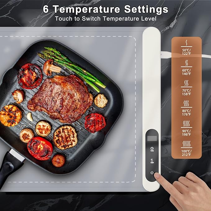 FYY Extra Long Warming Mat for Food - Rapid and Full Surface Heating, 6 Temp Settings, 6H Timer, Rollable Portable Food Warming Mat for Gatherings, Parties, Keep Meal Warm (XXX Large Size, Gray)