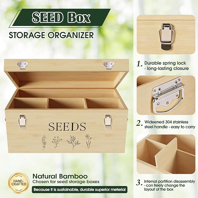 Bamboo Seed Storage Box, Large Garden Seed Organizer with Lid & Safety Lock & Handles, Seed Box Storage Organizer Includes Seed Envelopes and Labels etc, Great Gifts Gardening Kit (Wood)