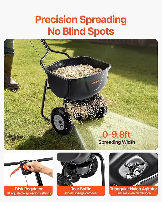 VEVOR Walk Behind Spreader, 60LBS Capacity, Push Spreader with Hopper Grate, 0-9.8 ft Spreading Width, 8 in All Terrain Pneumatic Tires, Garden & Lawn Broadcast Spreaders, for Seed, Fertilizer