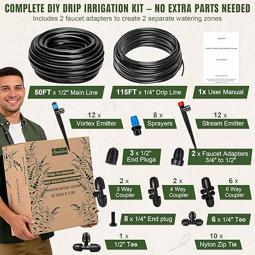 Drip Irrigation System Push-to-Connect Garden Watering System Kit for Raised Beds, Expandable DIY Drip Irrigation Kit with 1/2" & 1/4" Tubing, Adjustable Emitters, Leak-Proof Connectors