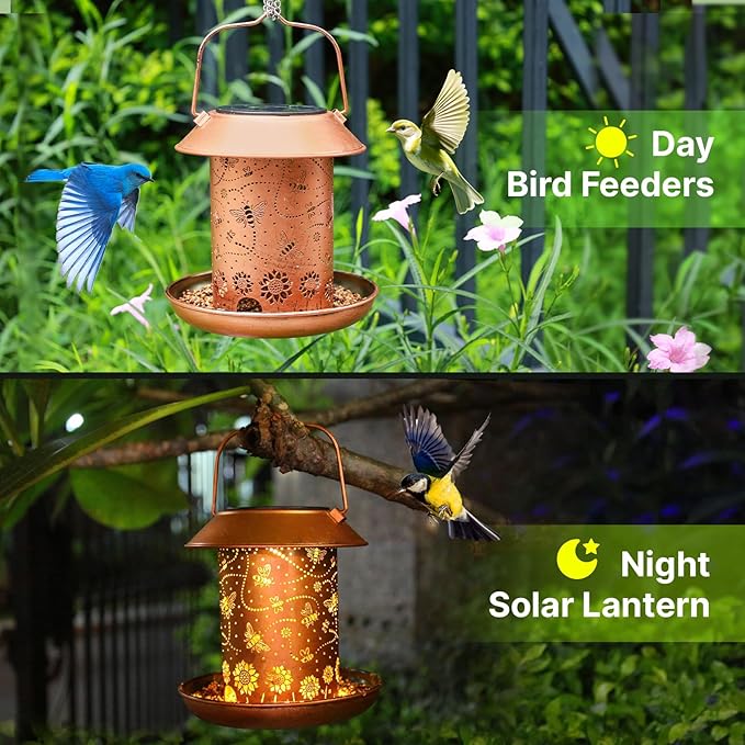 2 Pack Solar Bird Feeders for Outdoors Bee Solar Lanterns for Women Men Hanging Outdoor Lights Waterproof Metal Decoration for Patio, Yard, Lawn, Pathway, Garden Decor