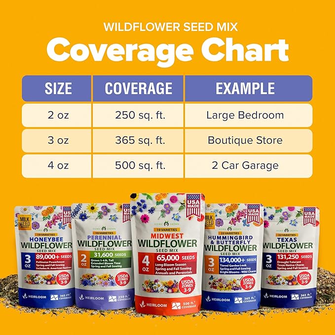 HOME GROWN 65,000+ Wildflower Seeds Heirloom Perennial Flower Seeds Mix for Attracting Bees Birds & Butterflies, High Germination (Midwest, 4 oz)