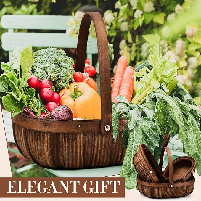 Sintuff 6 Pcs Wicker Baskets with Handles 3 Sizes Woven Garden Harvest Basket for Gathering Vegetables Wooden Bushel Apple Basket for Fruits Fall Thanskgiving Picnic Gift Farmers Market(Coffee)